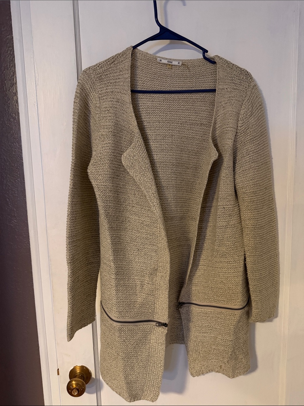 Open-Front Knit Cardigan in Light Beige